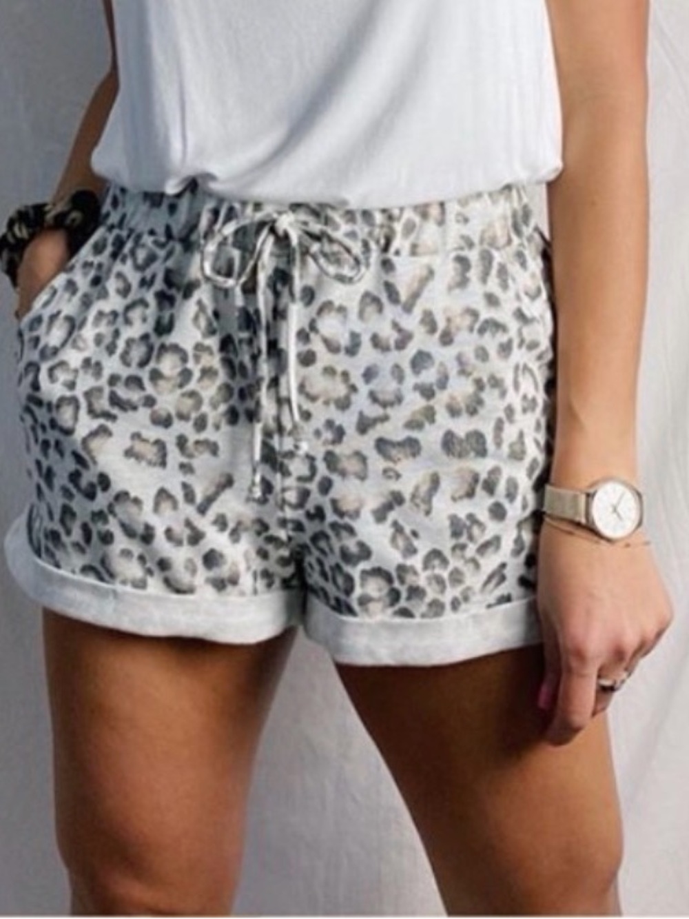 twenty second Grey Leopard Print Drawstring Athletic Shorts
